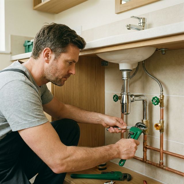 Plumber fixing pipes