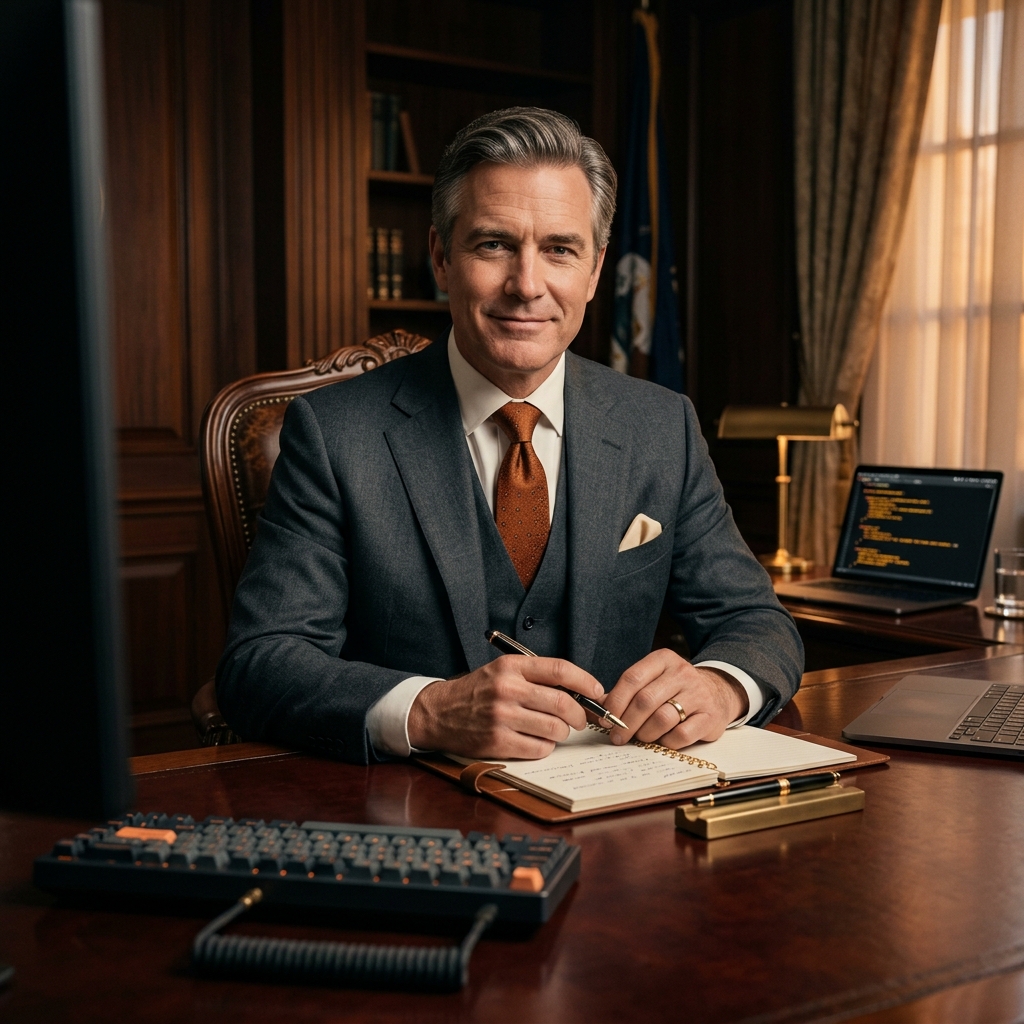 Politician at a desk with subtle tech detail